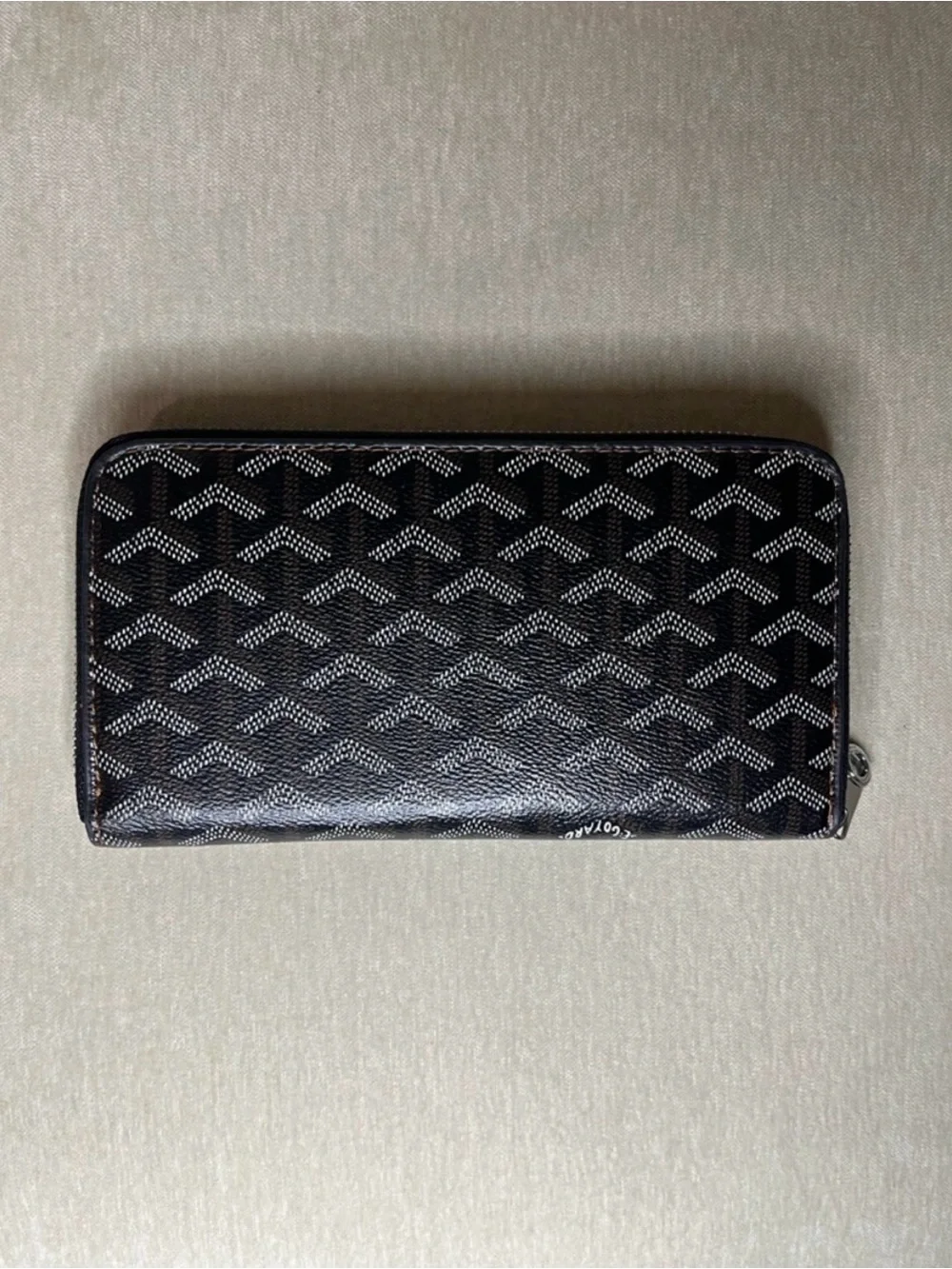 Black Chevron Zip-Around Wallet with Tan Leather Trim